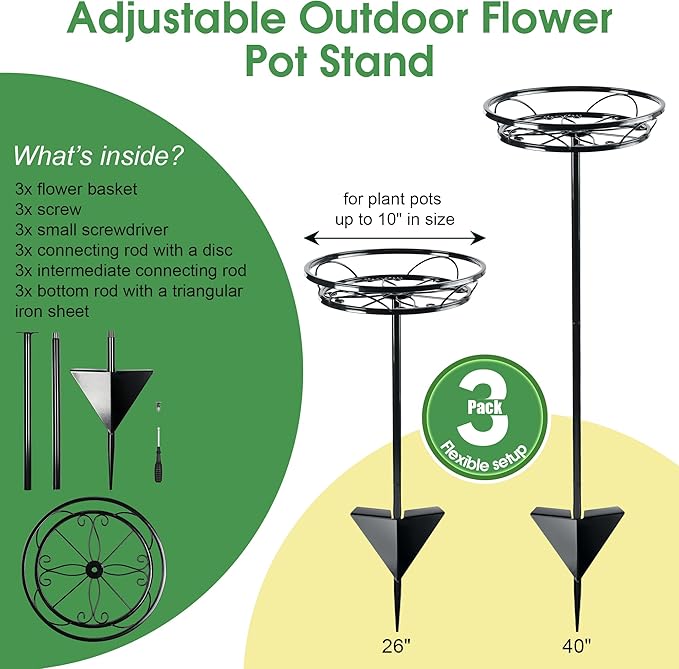 Tellingyou 3 Pack Adjustable Outdoor Flower Pot Stand, Metal Outdoor Plant Stands, Spring Summer Versatile Plant Stand Garden Stake for Display Plants, Elegant Solution for Landscaping Decor (Black) Tellingyou