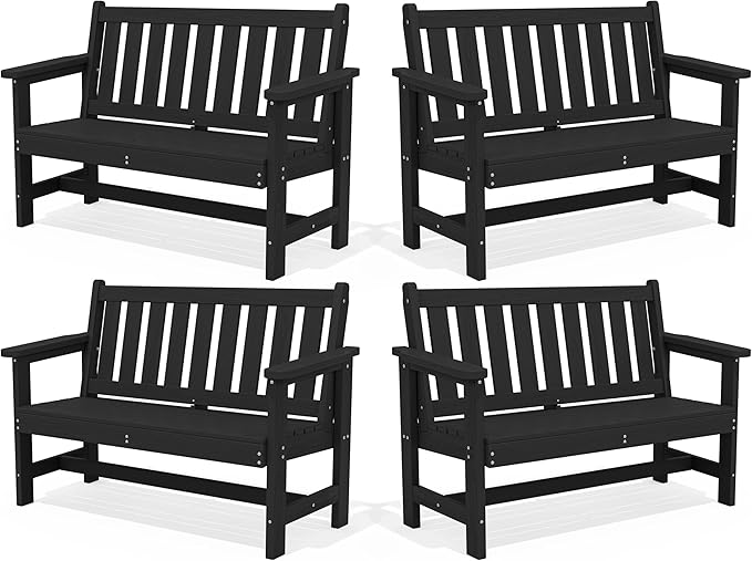 SERWALL Outdoor Bench, HDPE Outdoor Benches Weatherproof, 2-Person Garden Bench with 660 lbs Weight Capacity, Patio Benches for Outdoors, Garden, Porch, Backyard and Park, Black, 4 Pack SERWALL