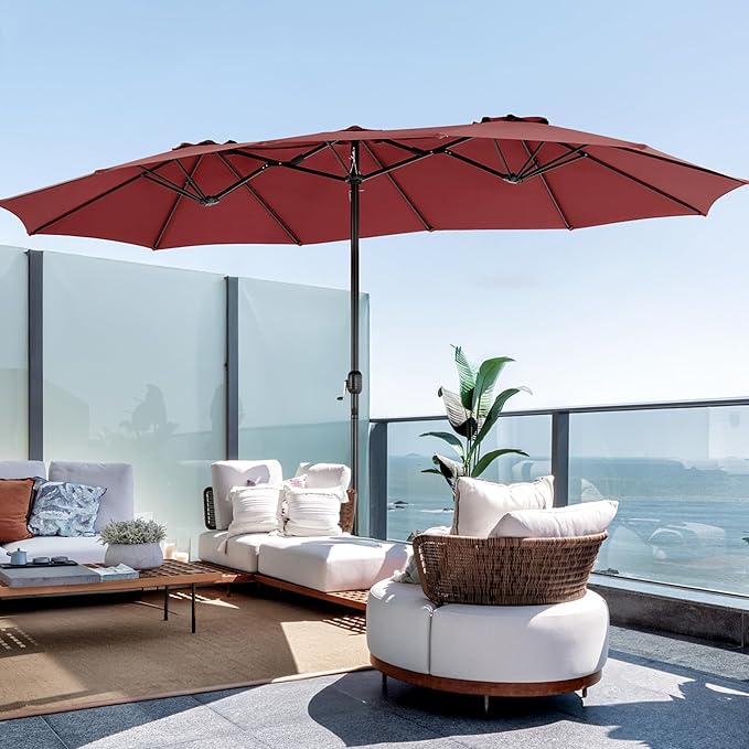 DUMOS 15FT Large Patio Umbrella with Base Included, Rectangle Table Umbrella Outdoor Patio, Outside Umbrellas for Deck, Market, Backyard, Wine Red DumosLifestyle
