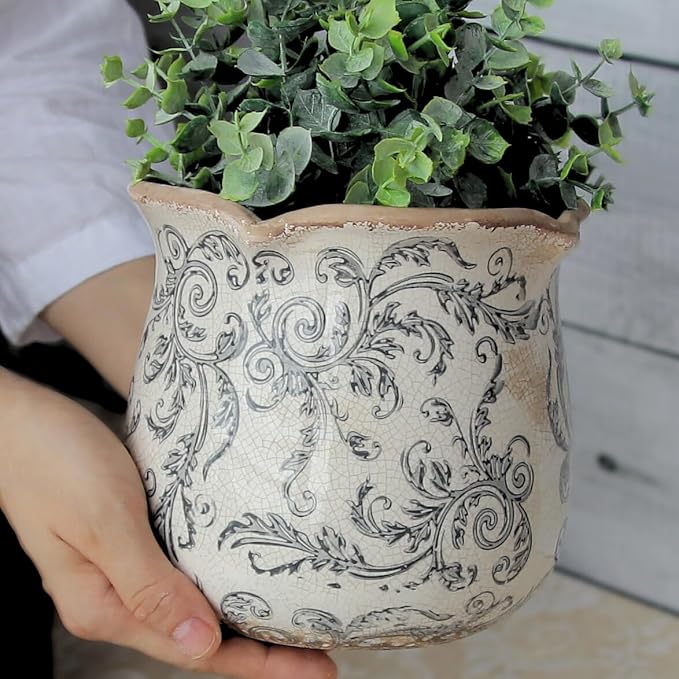 Ceramic Pots for Plants, Vintage Plant Pot with Drainage Hole, 6.11in. Planter for Indoor Plants, Crackle Glaze Finish Flower Pot, Perfect Tuscan Ceramic Planter for Gardening, Gray Swirls XiaanJiaju