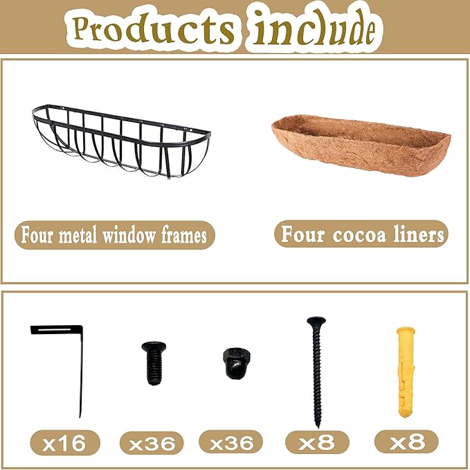 4pack 36-inch Window Sill Window Railing Planters with Cocoa Liner for Outdoor Balconies, Porches, Fences, Patio Railings SMYAXUNW