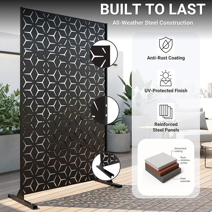 6FT Metal Privacy Screen Outdoor – Decorative Laser Cut Privacy Fence Panel for Patio, Deck & Garden, Rustproof Steel Privacy Divider, Modern Geometric Design, Freestanding Outdoor Privacy Screen TALLYVERUS