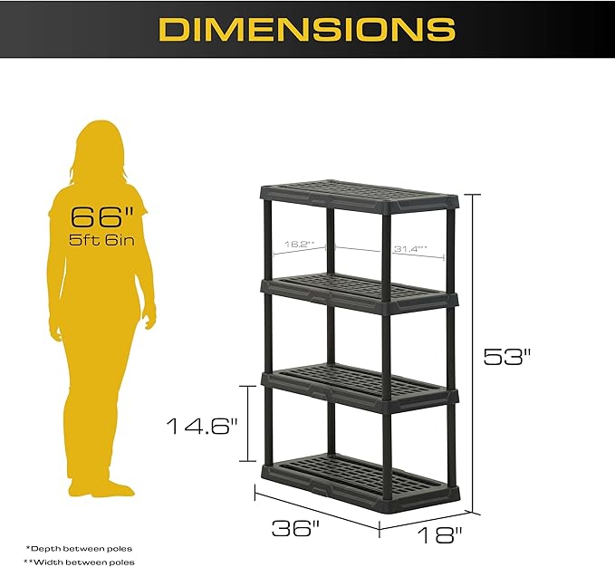 CENTREX CX 4-Tier Heavy Duty Plastic Storage Shelves that Support up to 150lbs/shelf, Organization and Storage, Weather-Resistant Design, Easy Assembly, 2 Pack, Black (53”H x 36”W x 18”D) Rootora