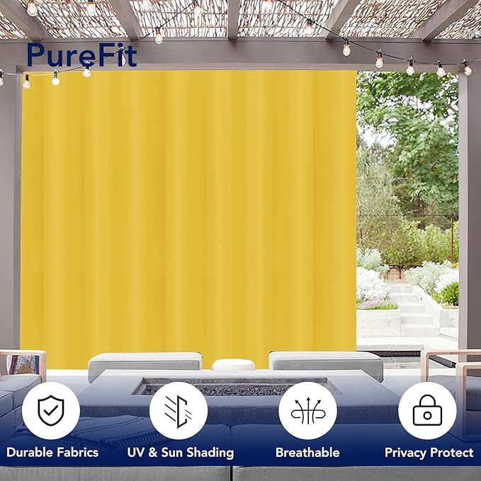 PureFit Outdoor Curtains for Patio Waterproof Weatherproof, UV Resistant Outside Curtains for Gazebo, Front Porch, Pergola, Sun Blocking Privacy Curtain, 100W x 95L inch, 1 Panel, Yellow PureFit