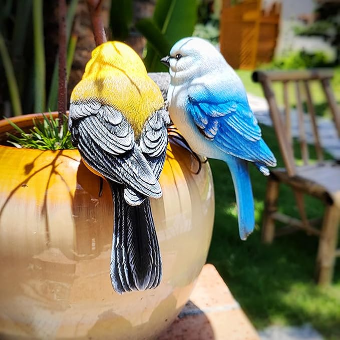 Garden Bird Statue Flower Pot Hugger Outdoor Decor for Tree, 6.7" Tall Resin Bird Figurine Plant Pot Decorations for Fence Balcony Patio Lawn Yard Ornaments (Yellow) JARPSIRY