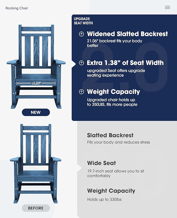 KINGYES Oversized Outdoor Rocking Chair Set of 8, All-Weather Patio Rocking Chairs for Porch, HDPE Outdoor Patio Rockers with High Back & Wide Seat for Garden, Lawn, Blue KINGYES