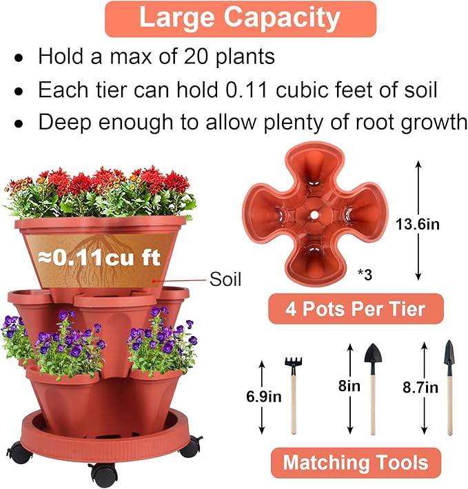 GameXcel Vertical Planter 3 Tier Stackable Planters Garden Planters Strawberry Herb Flower and Vegetable Planter Indoor Outdoor Gardening Pots with Removable Wheels and Tools GameXcel