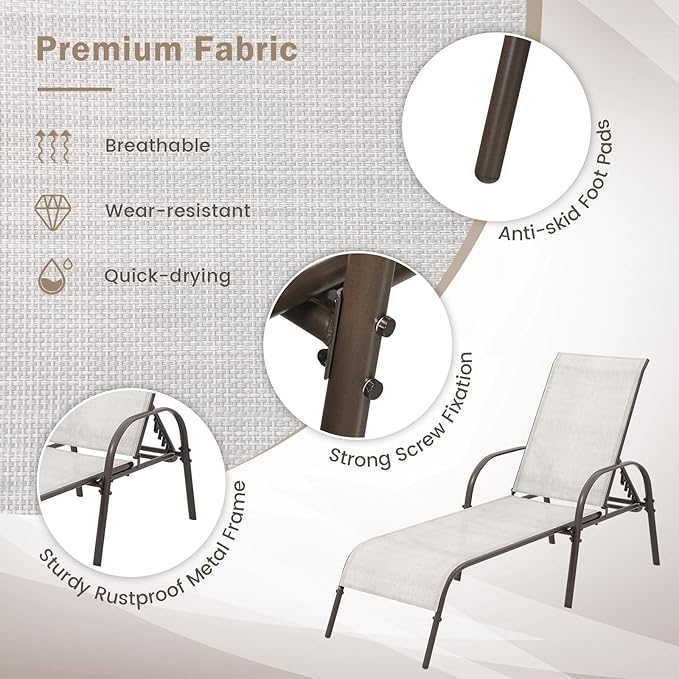 Giantex Patio Lounge Chair, Outdoor Chaise Lounge with 5 Adjustable Backrest, Sturdy Steel Frame, Sunbathing Recliner, Beach Chair, Tanning Chair for Outside, Yard, Balcony, Pool Chairs, Grey Giantex
