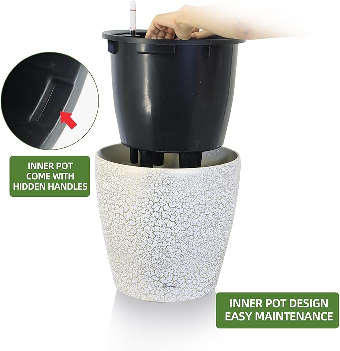 Dexceder 15x14 Self Watering Planter with Wheels Indoor Outdoor, Inner Pot Design, Thickened Large Floor Standing Flower Plant Pot with Water Level Indicator (White Gold Crackle) Dexceder