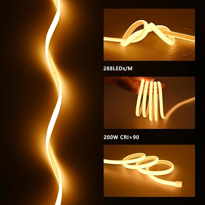 AC 110V COB LED Strip Lights Outdoor Waterproof 65.6ft, 2700K Warm White Super Bright 200W CRI 90+ LED Rope Light, IP65 Flexible Cuttable, for Bedroom Garden Commercial House BENLUN