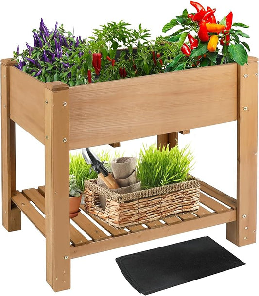 Raised Garden Bed with Legs - Elevated Wooden Planter Box, Durable Fir Wood, Reinforced Frame with Drainage Holes, Liner, and Storage Shelf for Vegetables, Herbs, Flowers, 33.5" x 18" x 30" Ketive