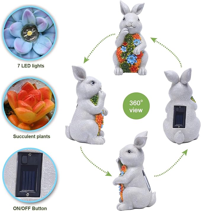 Nacome Solar Garden Outdoor Statues Bunny with Succulent and 7 LED Lights – Lawn Decor for Patio, Balcony, Yard Ornament - Chrismtas Gifts for Mom Grandma Nacome