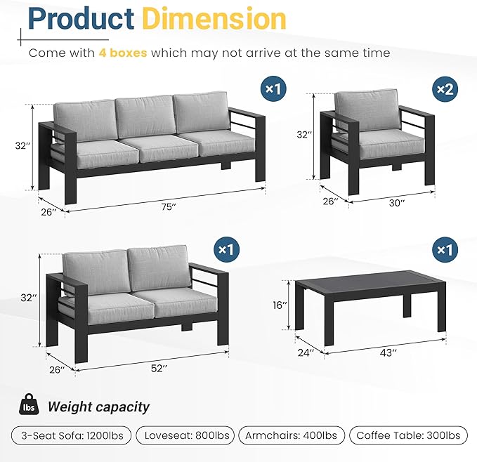 Solaste Aluminum Patio Furniture Set for All Weather, Oversized Metal Outdoor Furniture Set with 27.5" Deep Seating and 3.2" Wide Armrest, Patio Conversation Set with 10’’ Back Cushion, Black and Grey Solaste