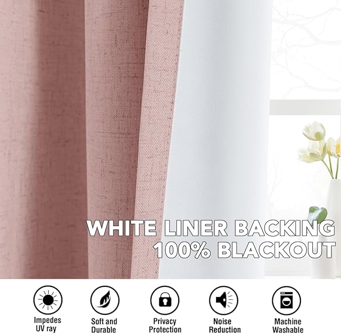 H.VERSAILTEX Linen Curtains 100% Blackout Curtains for Bedroom 84 inch Long Full Light Blocking Nature Linen Blended Window Curtains for Living Room Nickel Grommet (2 Panels, Heathered Baby Pink) HVERSAILTEX