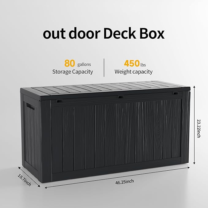 ROJIK Outdoor Storage Housing Deck Box - Waterproof Patio Furniture, Garden Tools, Cushions, Pool Accessories Storage Bench with Lockable Lid and Side Handles (Black 80 Gal) ROJIK
