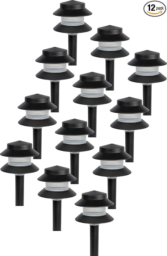 GreenLighting 35 Lumen Modern 2-Tier Low Voltage Path Light - Outdoor 2.5 Watt Landscape Light (12 Pack, Black) GREENLIGHTING
