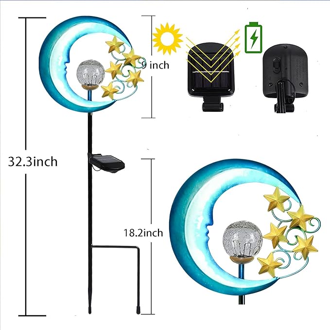 Stars Moon Solar Lights Outdoor - Solar Powered Garden Lights Decorative Crackle Glass Globe Led Waterproof Landscape Lighting for Pathway,Yard,Lawn,Patio SunsGiftNighttimeBliss