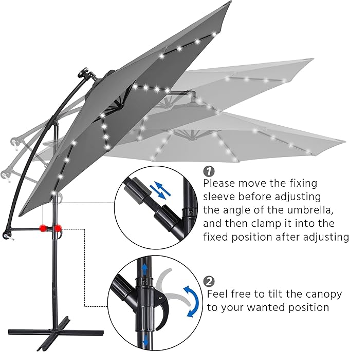 Yaheetech 10FT Solar Offset Umbrella with 32 LED Lights Cantilever Hanging Outdoor Umbrellas Handy Crank & Cross Base for Lawn/Deck/Backyard/Pool Gray Yaheetech