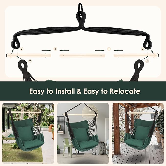 Highwild Hammock Chair Hanging Rope Swing - Max 500 Lbs - 2 Cushions Included - Steel Spreader Bar with Anti-Slip Rings - for Any Indoor or Outdoor Spaces (D- Cushions Included-Green) Highwild