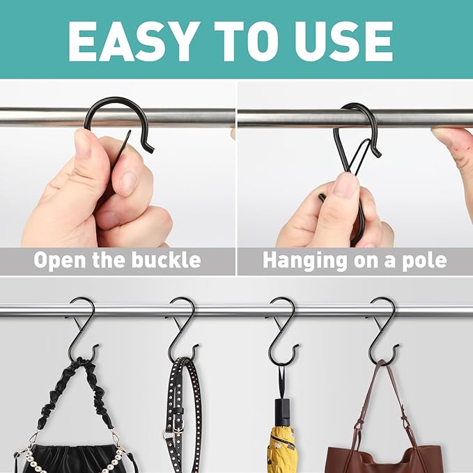 12 Pcs S Hooks for Hanging Heavy Duty, 3.5-inch Heavy Duty Metal S Hook with Safety Buckle, Suitable for 0.5 inch Rods, S Hook for Hanging Plants, Closet, Kitchen Utensil, Pot, Pan, Bags Welcometobuy%EF%BC%81
