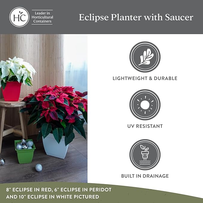 The HC Companies 12 Inch Eclipse Square Planter Pots with Drainage Holes & Attached Saucer, Lightweight UV-Resistant Plastic Indoor Outdoor Planters, 2-Pack Flower Pots for Garden & Home Decor, Rose TheHCCompanies