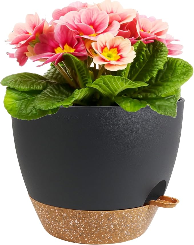12 inch Large Self Watering Pots, Plant Pots with Mesh Drainage Holes for Indoor Outdoor Plants, Plastic Planters with Deep Reservoir for Garden House Flower Plants, Black with Brown Meowell