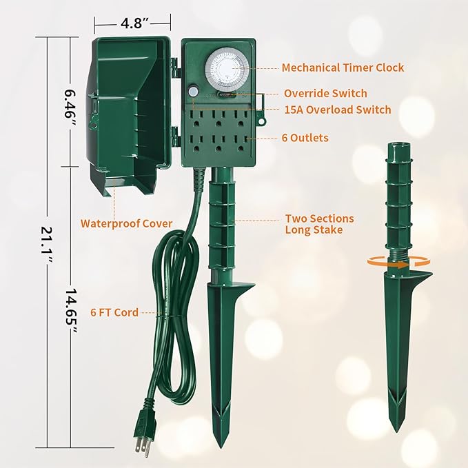 SURAIELEC Outdoor Power Stake, 24-Hour Mechanical Light Timer, Electrical Power Strip Weatherproof, 6FT Extension Cord Multiple Outlet Plug for Patio Lights, Christmas Decorations, Outdoor Light SURAIELEC