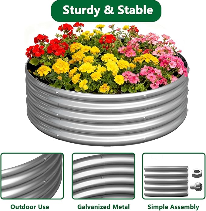 zizin 2 Pcs Round 2x2x1ft Raised Garden Bed Kit Metal Planter Box for Planting Vegetables, Silver zizin