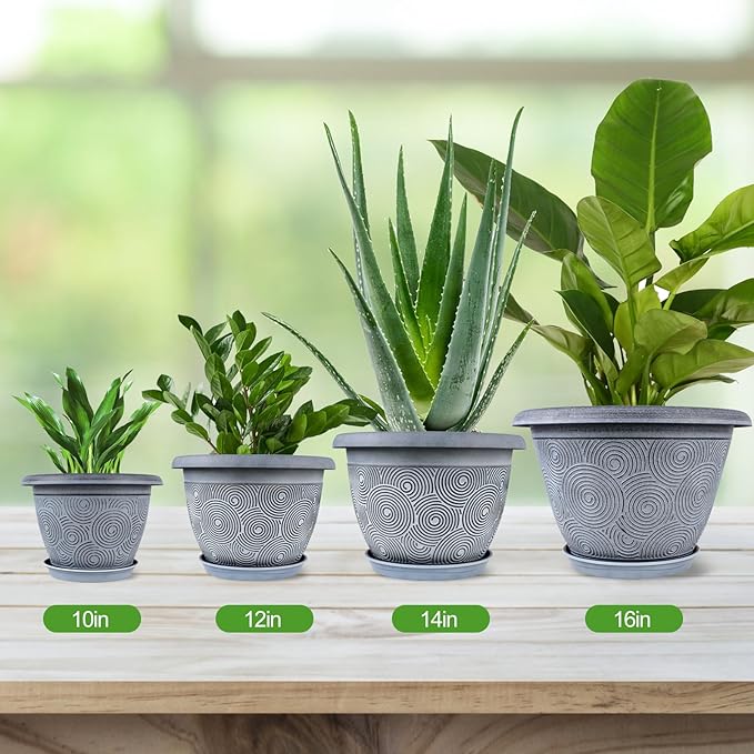 14 Inch Large Planter Pot for Plants Indoor Outdoor, 4 Pack Plastic Flower Pots with Drainage Hole & Tray, Modern Decorative Garden Pot with Saucer, Plant Container for House Fodetyff