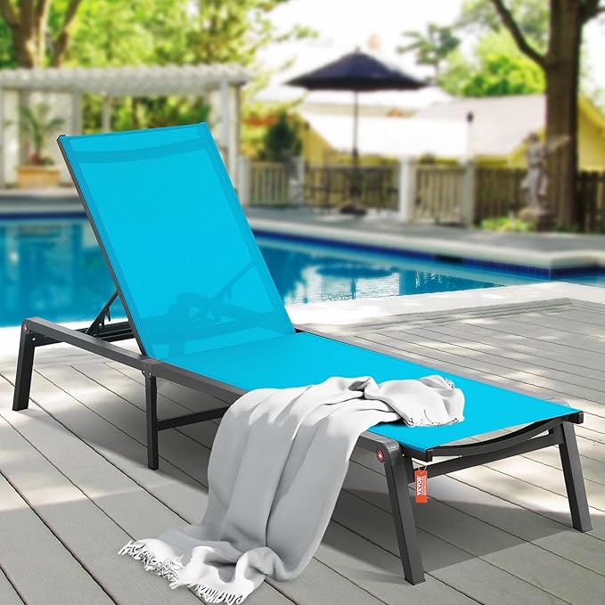 VEVOR Chaise Lounge Chairs Outdoor, Aluminum Patio Lounge Chairs with Adjustable 5-Position, Folding Pool Chair Recliner and Full Flat Tanning Chair for Patio, Beach, Pool, Blue VEVOR