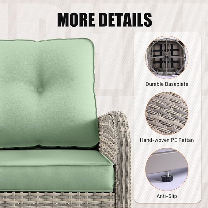9-Piece Outdoor Patio Furniture Set with Rocking Swivel Chair Wicker Sectional Sofa Set, Patio Conversation Set with Thickened Cushions & Coffee Table for Garden, Backyard, Light Green MuphyersPatioFurniture
