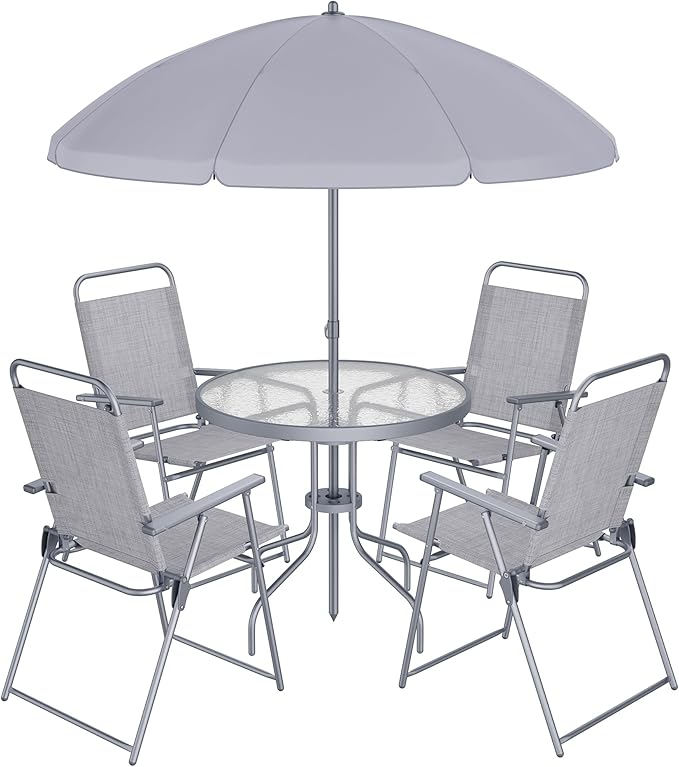 Shintenchi 6 Piece Patio Dining Set with Umbrella, Outdoor Furniture Set with 4 Folding Chairs and Tempered Glass Top Dining Table fot Lawn Backyard Garden Porch, Silver Shintenchi