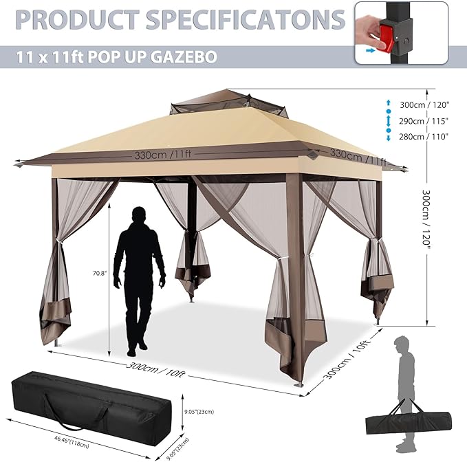 COBIZI 11x11 FT Pop up Gazebo Canopy Tent - Outdoor pop up gazebos on Clearance,carpas para Patio,Shelter - Screen Tents with Portable Carry Bag,Patio Gazebos for Camping,Garden,Deck,Backyard,Brown COBIZI