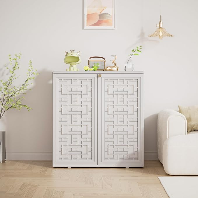 Indoor Outdoor Storage Cabinet Waterproof with Shelf, Off White Plastic Outdoor Cabinets for Patio/Garden/Backyard, Size 34.3''L*15''W*36.2''H Mrosaa