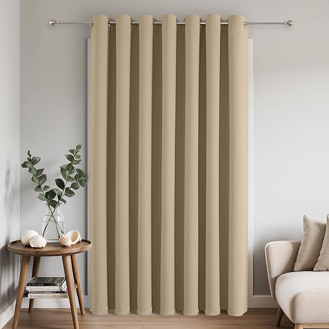 Joydeco Blackout Patio Sliding Door Curtains 96 Inches Long, Grommet Privacy Room Divider Curtains, Extra Wide Thermal Blackout Drapes for Bedroom Living Room (Light Beige, 100Wx96L, 1 Panel) JOYDECO