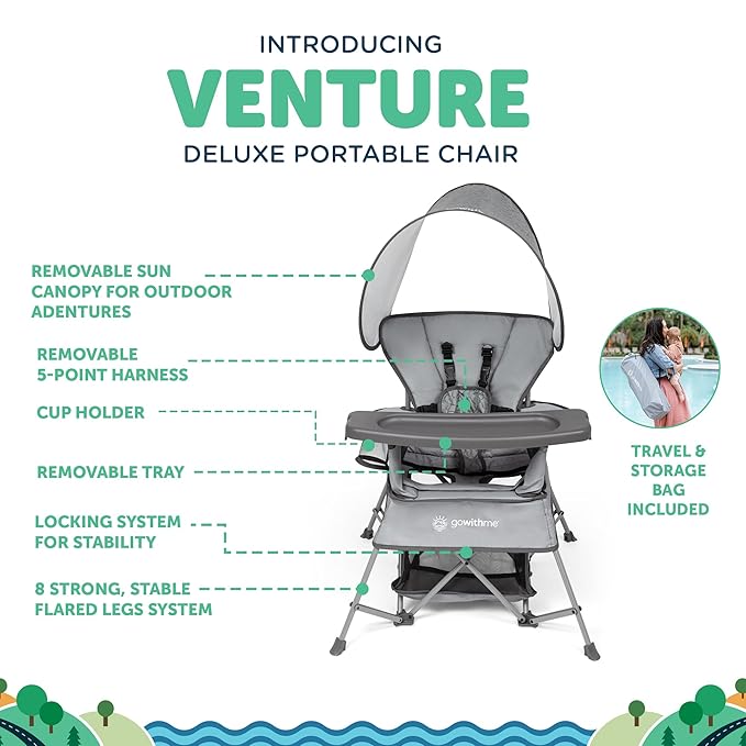 Baby Delight Go with Me Venture Portable Chair | Indoor and Outdoor | Sun Canopy | 3 Child Growth Stages | Elephant Grey BabyDelight