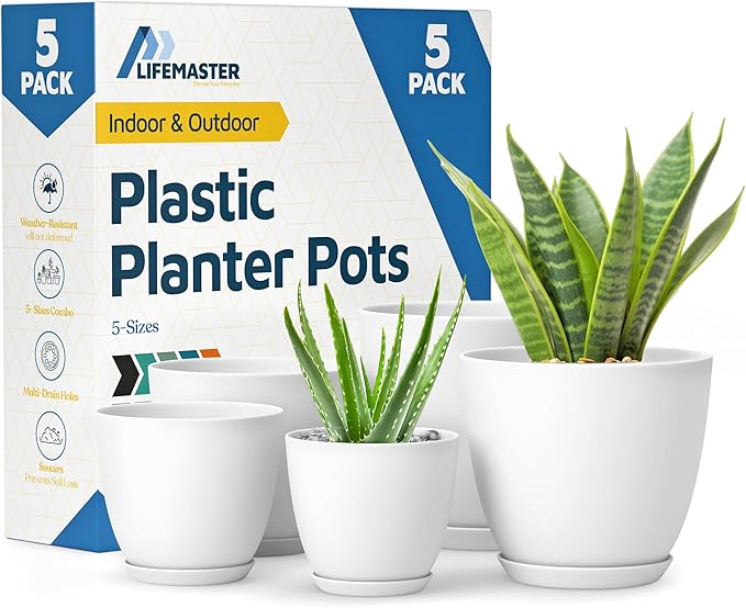 Lifemaster Eco Friendly Plant Pot Set -5-Pack Home Decor Flower Indoor and Outdoor Plastic Pots with Drainage Holes, Assorted Sizes (7", 6.6", 6", 5.3", 4.8") - Stackable Garden Versatile Planters LIFEMASTER