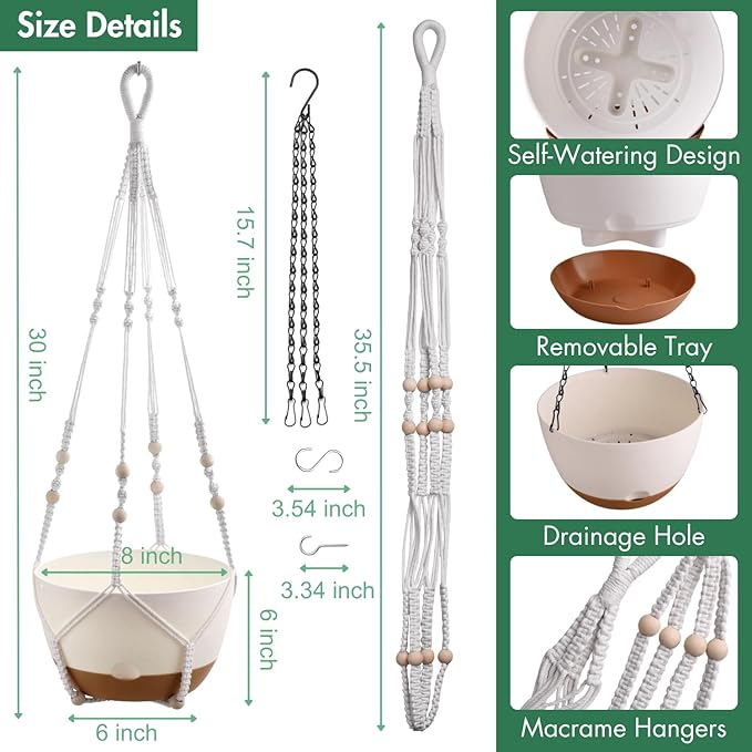 montresor Set of 2-8 Inch Hanging Planters for Indoor Plants with Self-Watering Includes Hanging Pots for Plants, Outdoor Plant Pot with Drainage, and 2 Types of Hanging Baskets Hangers (White) Montresor