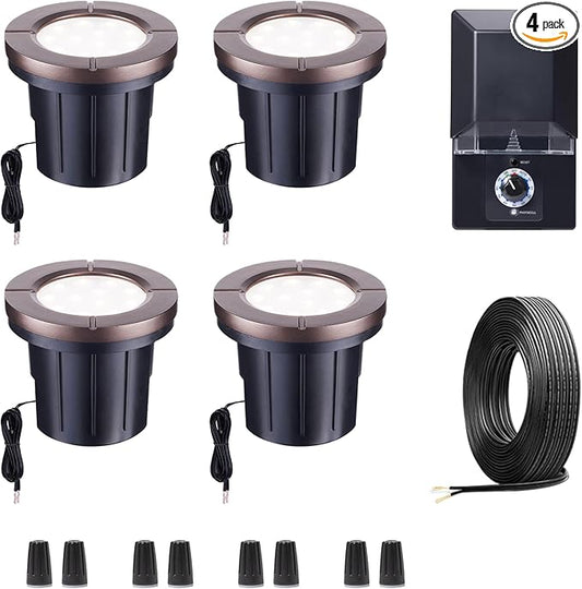 Landscape Well Lights Kit, 4 Pack LED Low Voltage Ground Lights and 100W Transformer and 100FT Cable and 20 Wire Connectors, IP67 Waterproof Aluminum for Driveway Walkway Tree 580LM Varmtalys