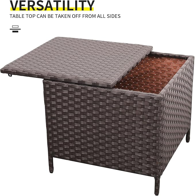 Outdoor Wicker Storage Side Table, Patio Brown PE Rattan End Table with Storage, Square Container for Furniture Covers, Toys, and Gardening Tools Lvidenoutdoor