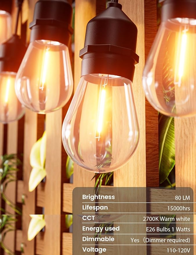 Svater Outdoor Led String Lights 25 FT, Patio Lights for Outside with 9pcs S14 Shatterproof Bulbs, 1 Watt E26 Dimmable, IP65 Waterproof, Commercial Grade Bistro Light 2700K Warm White Svater