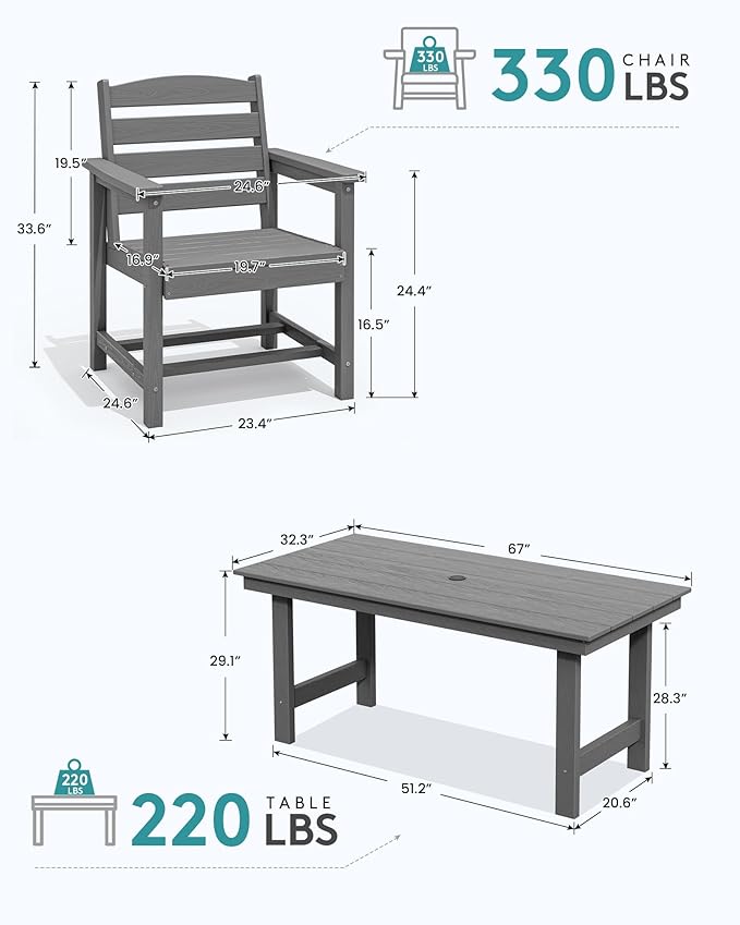SERWALL Patio Dining Table and Bench Set for 6, Gray SERWALL
