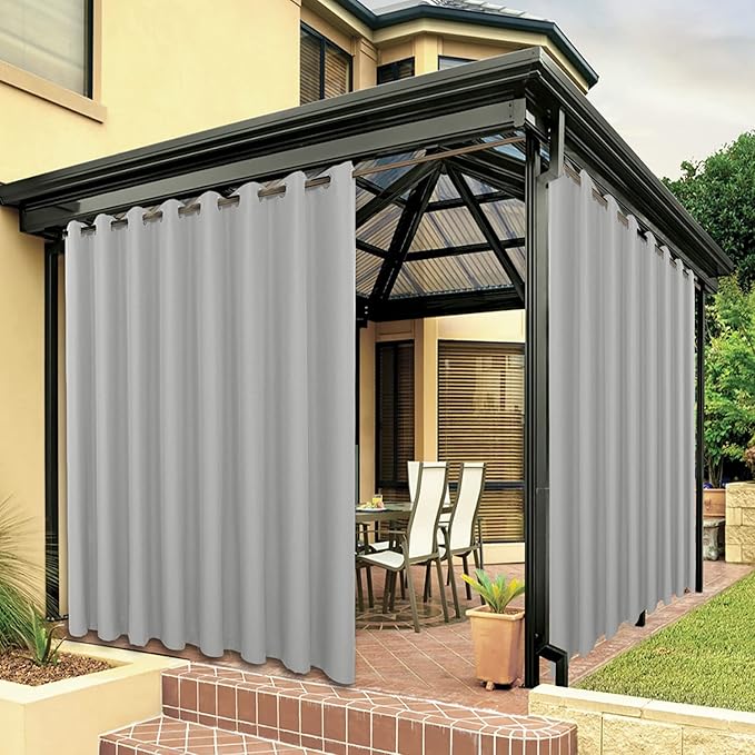 BONZER Waterproof Outdoor Curtains for Patio Porch Pergola Cabana Thick Privacy Wide Grommet Indoor Curtains for Bedroom Living Room, 1 Panel, 110W x 120L inch, Silver Bonzer