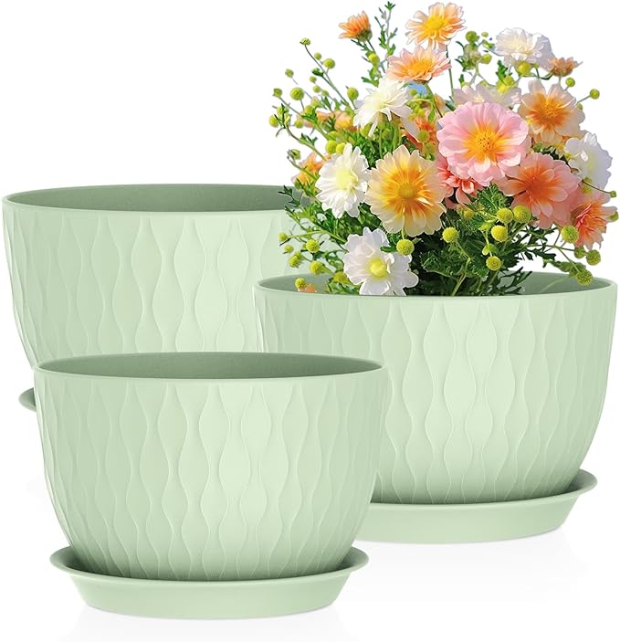 Large Flower Pots 12/10/9 inch, 3 Set Wide Plant Pots for Outdoor Indoor Plants with Water Ripples, Big Plastic Planters with Drainage Holes and Saucers for Garden House Plants, Green Meowell