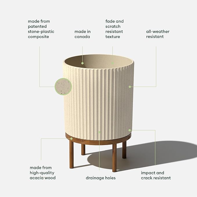 Veradek Demi Series Round Planter w/ Stand for Porch/Patio | Durable Plastic-Concrete & Wooden Stand | Modern Décor for Tall Plants, Flowers VeradekOutdoor