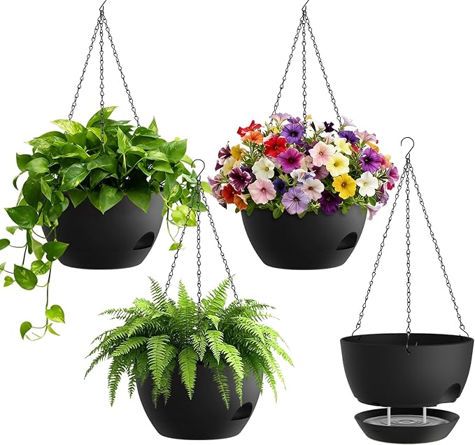 4 Pack 8 Inch Self Watering Hanging Planters for Indoor Outdoor Plants，Hanging Pots for Plants with Drainage Removable Tray, Hanging Baskets Flower Pots for Ivy Pothos Spider Garden Porch Black UOUZ