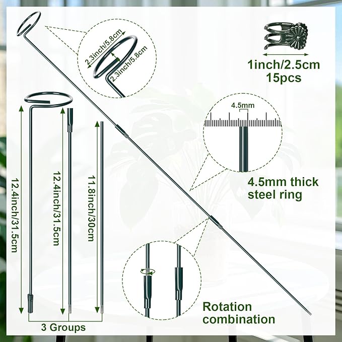Mwellewm 3 Sets Plant Stakes 12/25/36 Inch Adjustable Plant Support Stakes Tall for Indoor Outdoor Plant Holder Stick Steel Garden Stem Pole Amaryllis Stakes with 15 Clip for Tomato Orchid Lily Flower Mwellewm