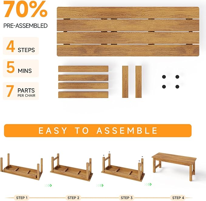 ONBRILL Outdoor Benches Weatherproof, 2-Person Poly Lumber Garden Bench, All-Weather Patio Bench Will not Rot and Fade for Garden, Porch, Backyard and Park, Easy Installation, Teak ONBRILL