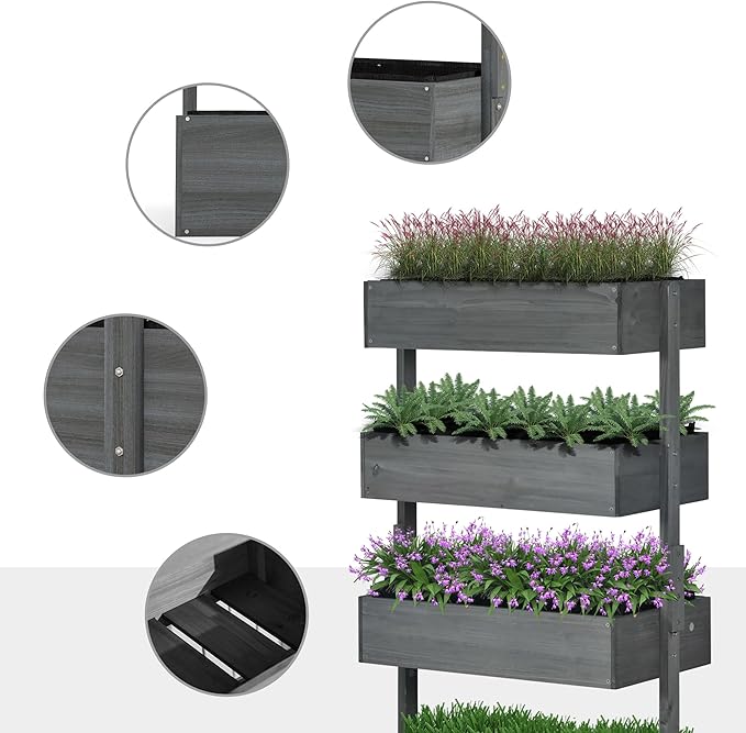 Outsunny Vertical 4 Tier Raised Garden Bed, Wooden Planter Box, Self-Draining with Bed Liner for Indoor Outdoor Flowers, Vegetables and Herbs, Gray Outsunny