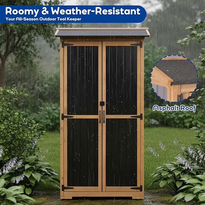 Outdoor Storage Cabinet Weather-Resistant, Wood & Metal Storage Shed with 3 Removable Shelves, Waterproof Roof, Adjustable Feet, Patio Storage Cabinet Outside for Garden Garage Backyard Pool PETSCOSSET